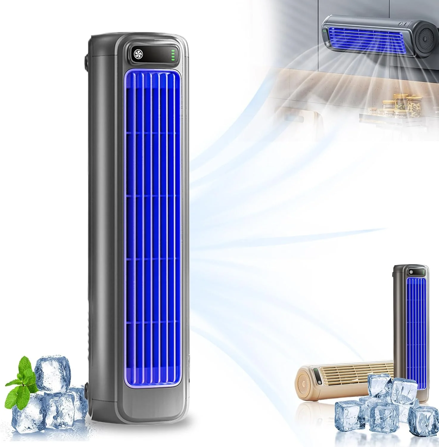 کولر گازی قابل حمل SACLI Cooling Ace، فن خنک کننده بی صدا، کولر گازی برج قابل شارژ با 3 سرعت برای اتاق خواب، دفتر، حمام یا آشپزخانه (خاکستری)