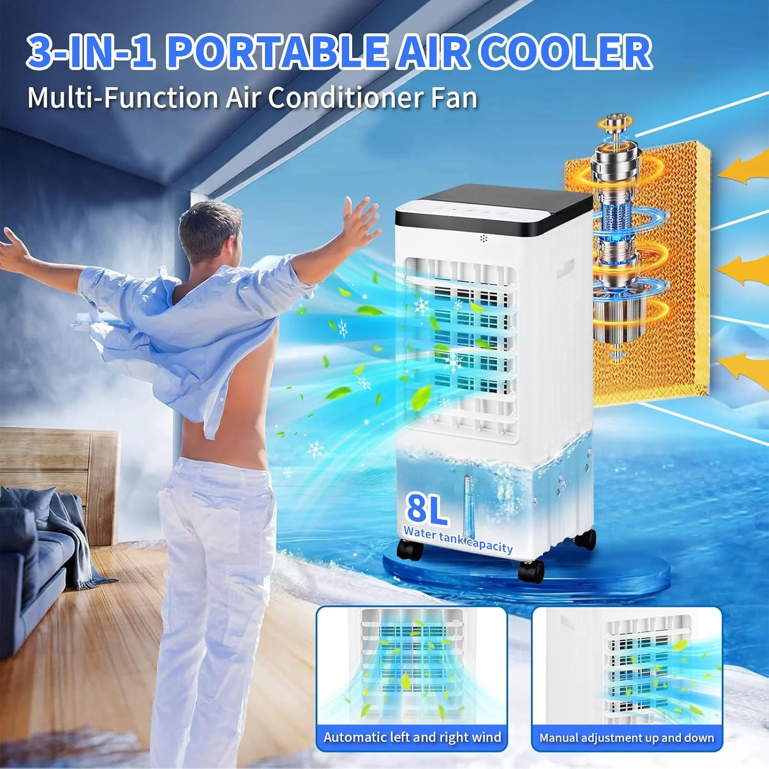 کولر آبی تبخیری Pomefar 3 در 1، فن خنک کننده قابل حمل برای تابستان با تایمر و ریموت، کولر گازی نوسانی 3 سرعته، کولر شخصی اتاق برای استفاده در داخل خانه، آشپزخانه، اتاق خواب، دفتر کار