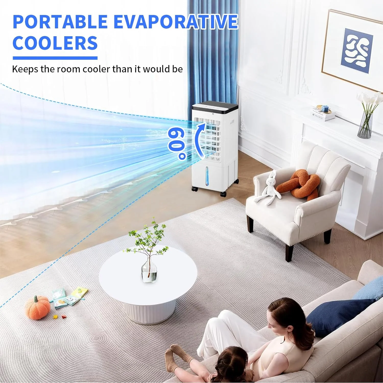 کولر آبی تبخیری Pomefar 3 در 1، فن خنک کننده قابل حمل برای تابستان با تایمر و ریموت، کولر گازی نوسانی 3 سرعته، کولر شخصی اتاق برای استفاده در داخل خانه، آشپزخانه، اتاق خواب، دفتر کار