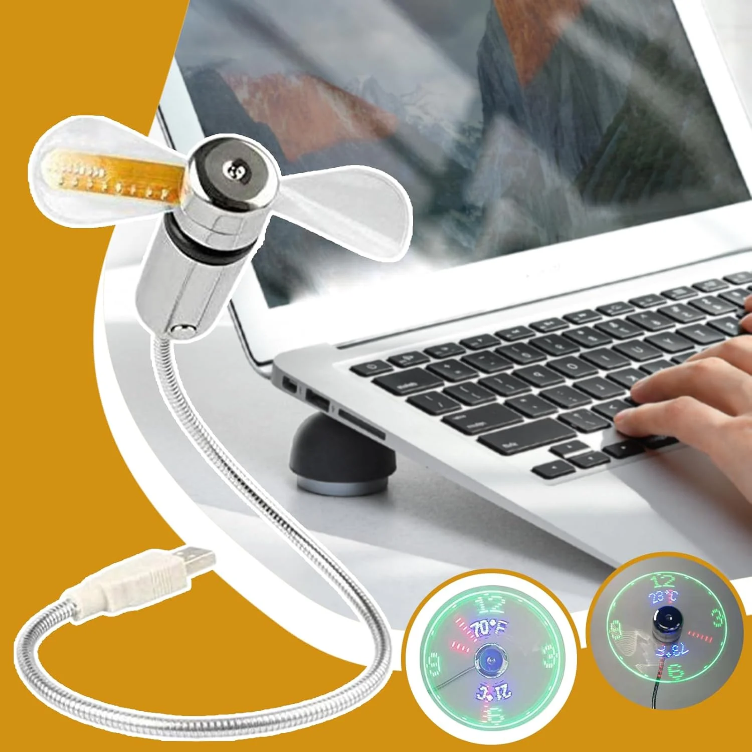 فن خنک کننده USB kinrguiyuez، فن نمایشگر دما و ساعت رومیزی | خنک کننده هوا با گردن غازی قابل تنظیم، الکترونیک بی صدا برای خوابگاه، مدرسه، اتاق خواب دانشجویان
