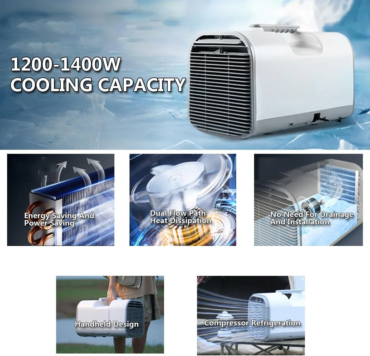 کولر گازی قابل حمل چادر CNAOHGHN با ظرفیت 4079btu/4777btu، خنک کننده، 110v/220v/12v/24v DC، قابل تنظیم از 16-32 درجه سانتیگراد، رطوبت زدایی، 5-10 متر مربع برای RV