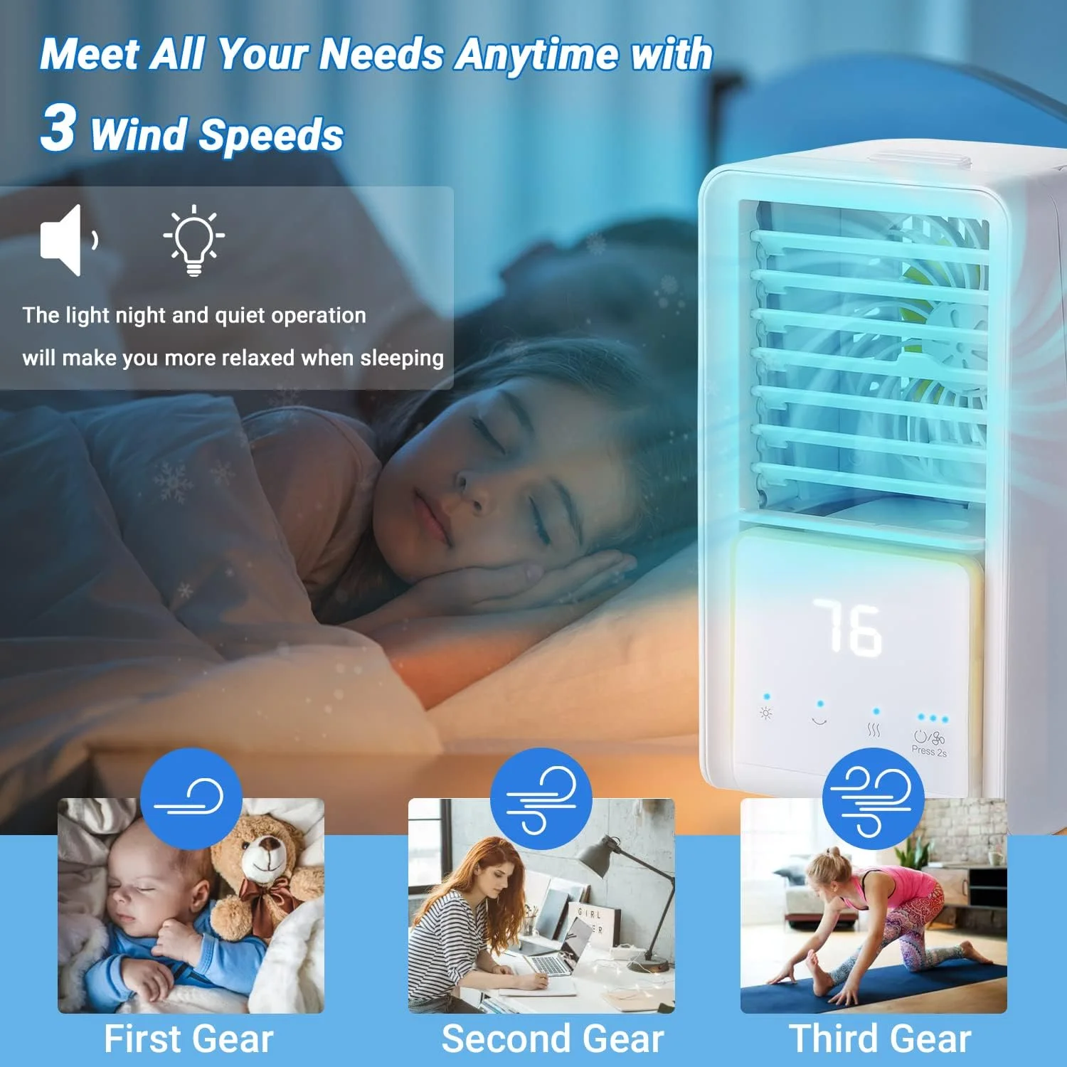 فن خنک کننده مینی کولر گازی Firelex با 3 سرعت باد/2 حالت مه یخی، فن کولر هوای قابل حمل قابل شارژ 4000 میلی آمپر ساعتی با مخزن 700 میلی لیتری، فن رومیزی چند منظوره برای خانه، مسافرت، دفتر