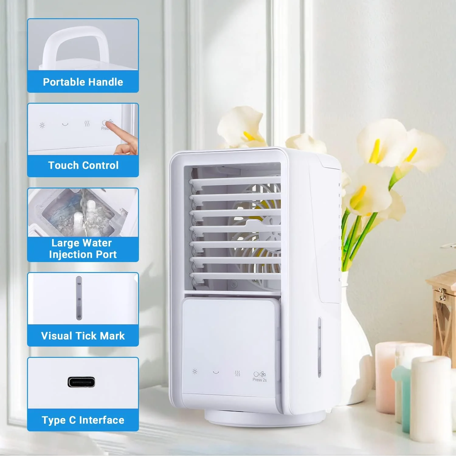 فن خنک کننده مینی کولر گازی Firelex با 3 سرعت باد/2 حالت مه یخی، فن کولر هوای قابل حمل قابل شارژ 4000 میلی آمپر ساعتی با مخزن 700 میلی لیتری، فن رومیزی چند منظوره برای خانه، مسافرت، دفتر