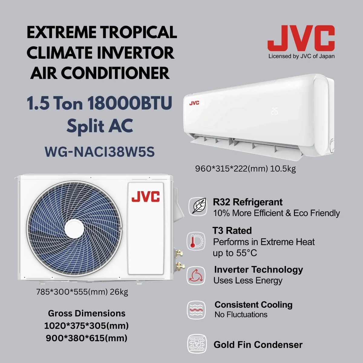 کولر گازی اسپلیت اینورتر 1.5 تن JVC | 18000 BTU | دارای رتبه T3 | مبرد R32 | چرخش 4 طرفه | کندانسور با پره های طلایی | سرمایش مداوم | کولر گازی کم مصرف | 5 سال گارانتی کمپرسور - WG-NACI38W5S