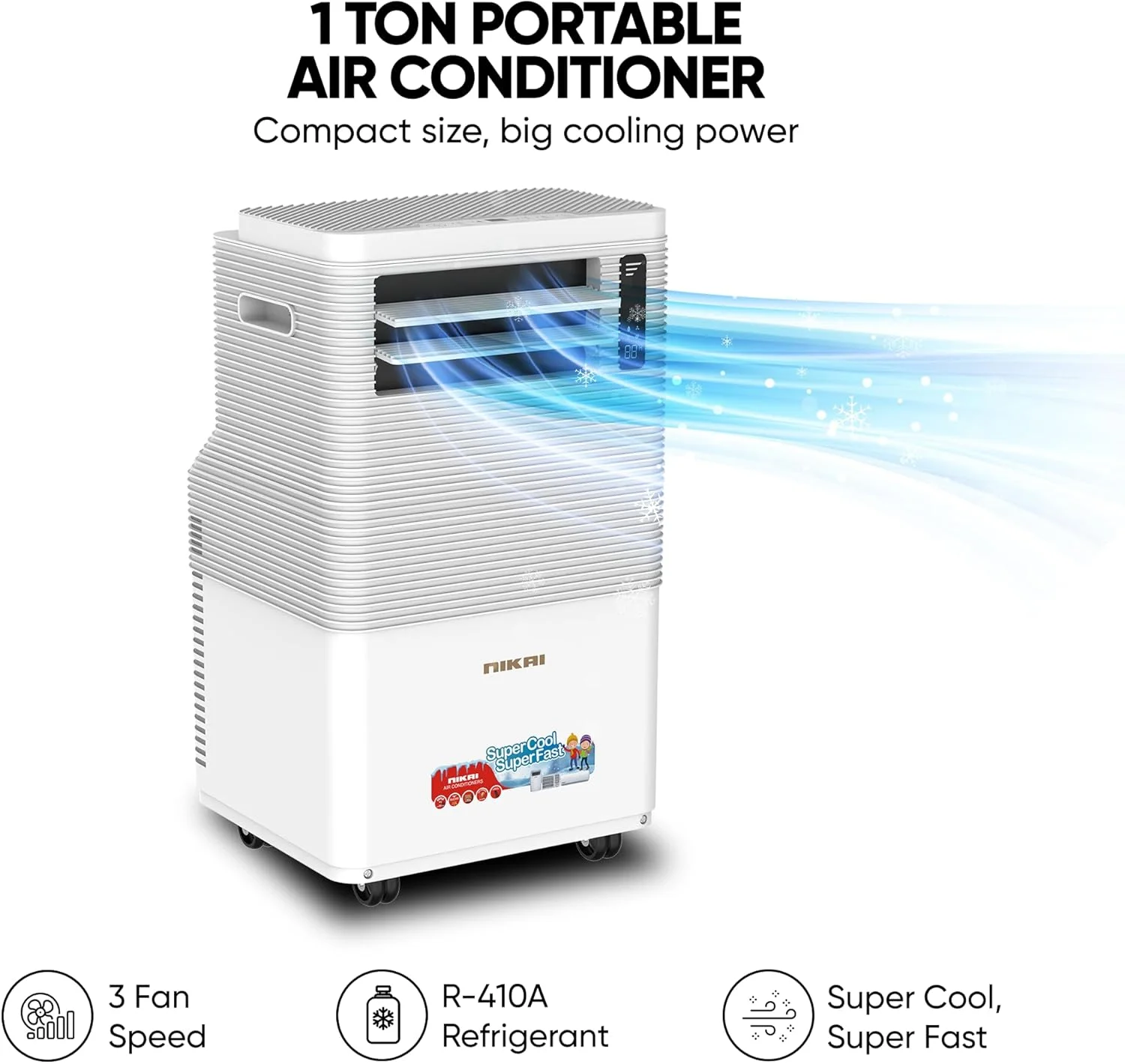 کولر گازی پرتابل 1 تنی نیکای 12000 BTU با کنترل از راه دور، نمایشگر دیجیتال، 3 سرعت فن، صدای کم، سرمایش قدرتمند با گاز R410، کمپرسور روتاری، بهترین برای خانه و محل کار - NPAC12512A5