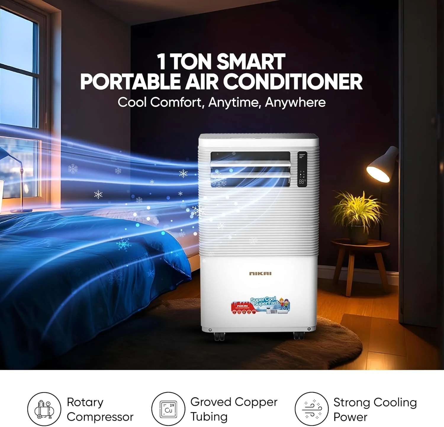 کولر گازی پرتابل 1 تنی نیکای 12000 BTU با کنترل از راه دور، نمایشگر دیجیتال، 3 سرعت فن، صدای کم، سرمایش قدرتمند با گاز R410، کمپرسور روتاری، بهترین برای خانه و محل کار - NPAC12512A5