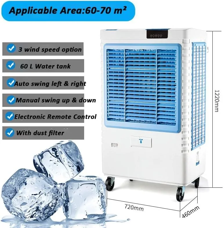 کولر هوای تجاری خانگی سانرایز 60 لیتری، فن تهویه مطبوع سنگین، کولر هوای تبخیری 3 در 1، 3 سرعت باد برای استفاده در فضای باز و داخل خانه، خنک کننده تا 70 متر مربع (60 لیتر)
