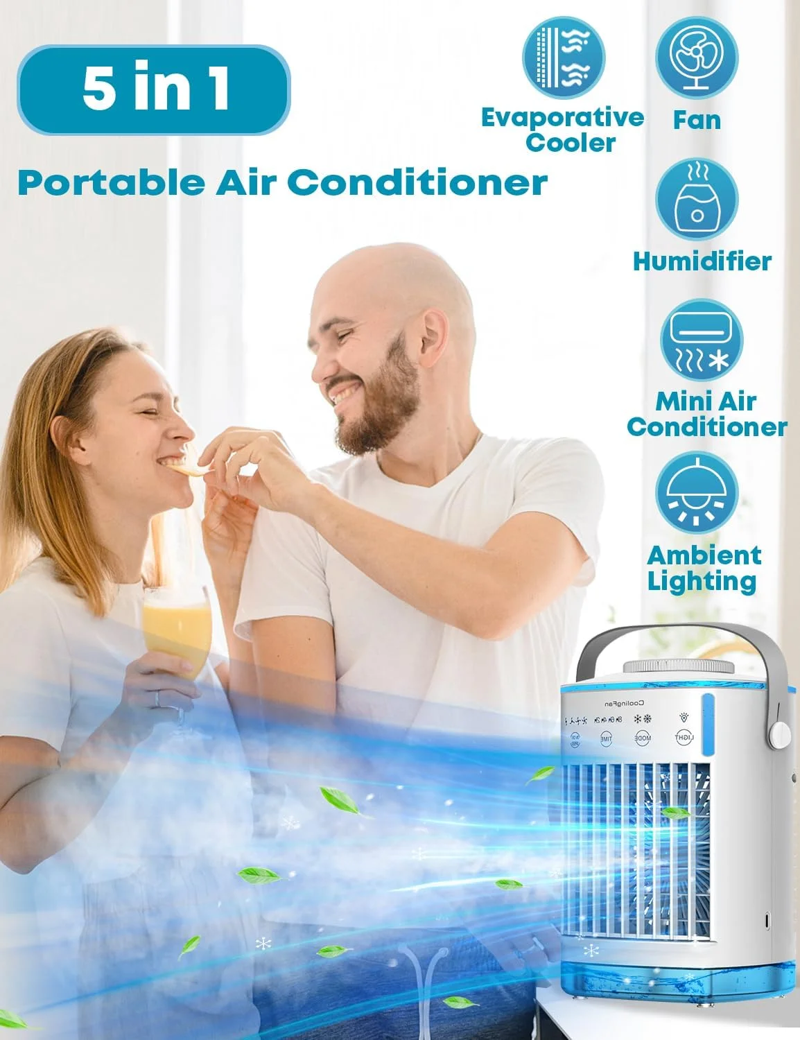 کولر هوای قابل حمل، کولر گازی هوشمند 5 در 1 | حالت های دوگانه مه یخی + نورپردازی 7 رنگ + تایمر 12 ساعته | راه حل خنک کننده چند فضایی برای خانه/دفتر/اتاق خواب/میز