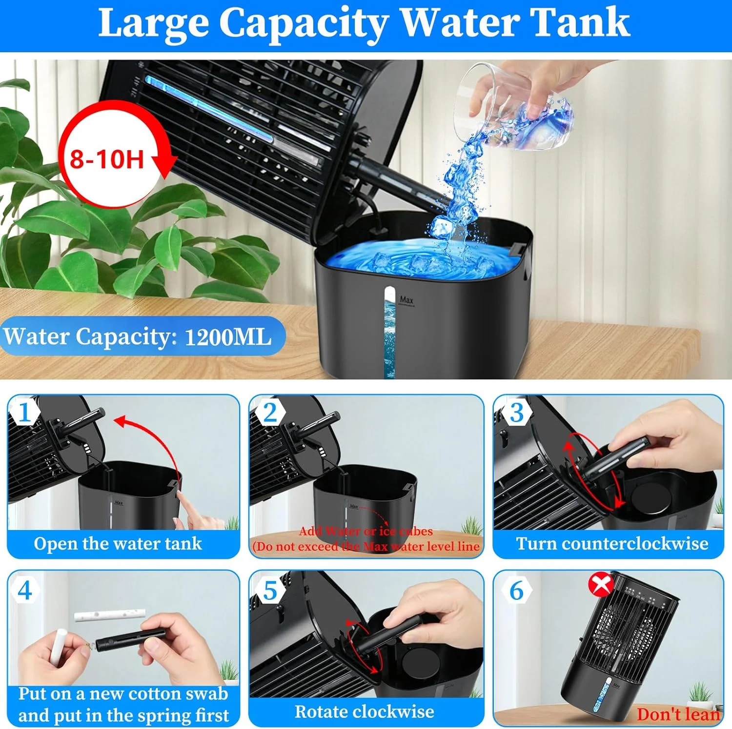 کولر گازی قابل حمل ارتقا یافته - کولر تبخیری، کولر گازی قابل حمل با 3 سرعت باد و مه، مینی فن خنک کننده کولر گازی شخصی با 7 چراغ شب و تایمر 2-4 ساعته برای اتاق خواب، دفتر کار، خانه - مشکی