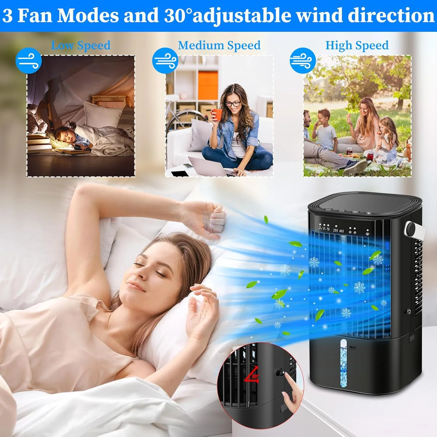 کولر گازی قابل حمل ارتقا یافته - کولر تبخیری، کولر گازی قابل حمل با 3 سرعت باد و مه، مینی فن خنک کننده کولر گازی شخصی با 7 چراغ شب و تایمر 2-4 ساعته برای اتاق خواب، دفتر کار، خانه - مشکی