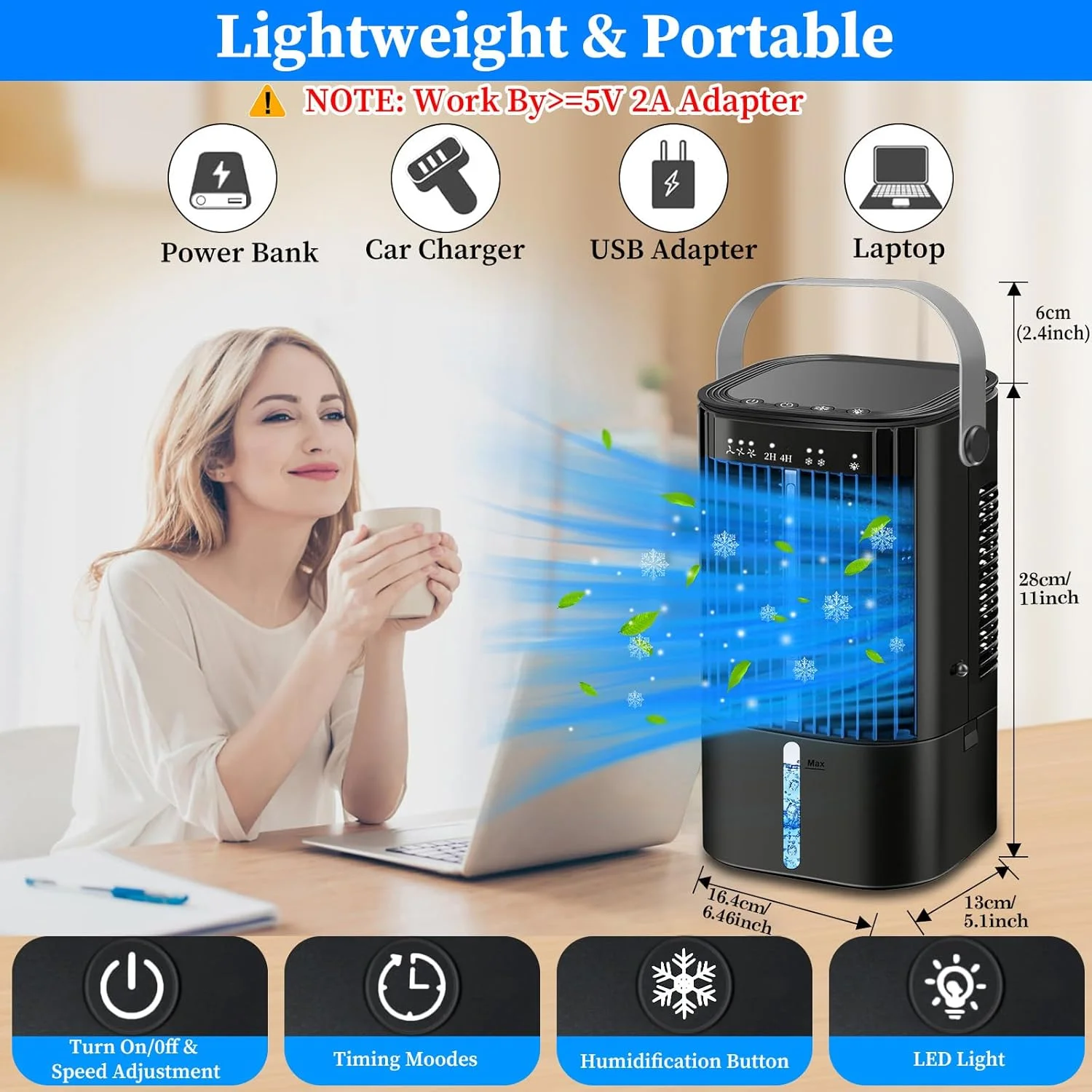 کولر گازی قابل حمل ارتقا یافته - کولر تبخیری، کولر گازی قابل حمل با 3 سرعت باد و مه، مینی فن خنک کننده کولر گازی شخصی با 7 چراغ شب و تایمر 2-4 ساعته برای اتاق خواب، دفتر کار، خانه - مشکی
