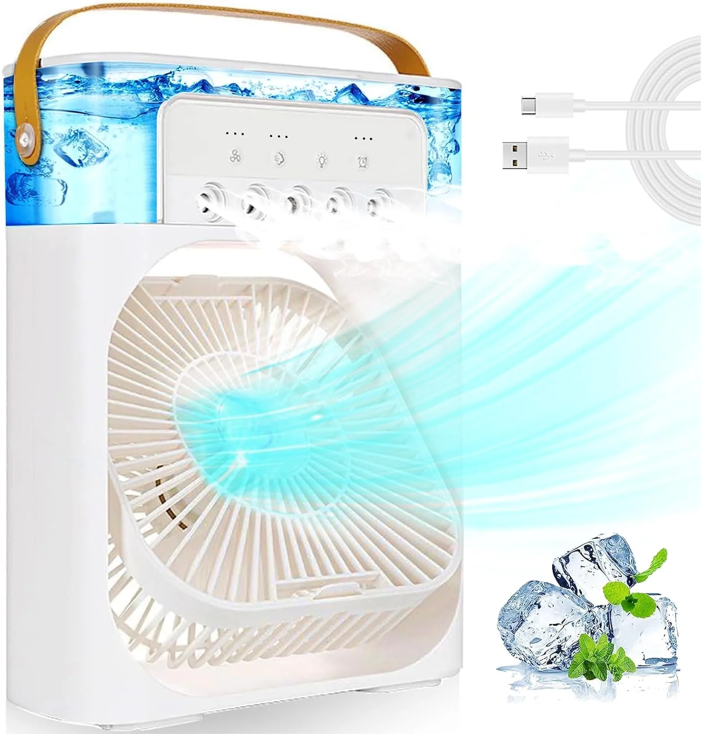 فن خنک کننده تهویه مطبوع قابل حمل، فن رومیزی USB با 3 سرعت باد، نور LED 7 رنگ، مخزن آب 680 میلی لیتری، فن تهویه مطبوع تبخیری کوچک برای اتاق، دفتر، کولر هوای شخصی