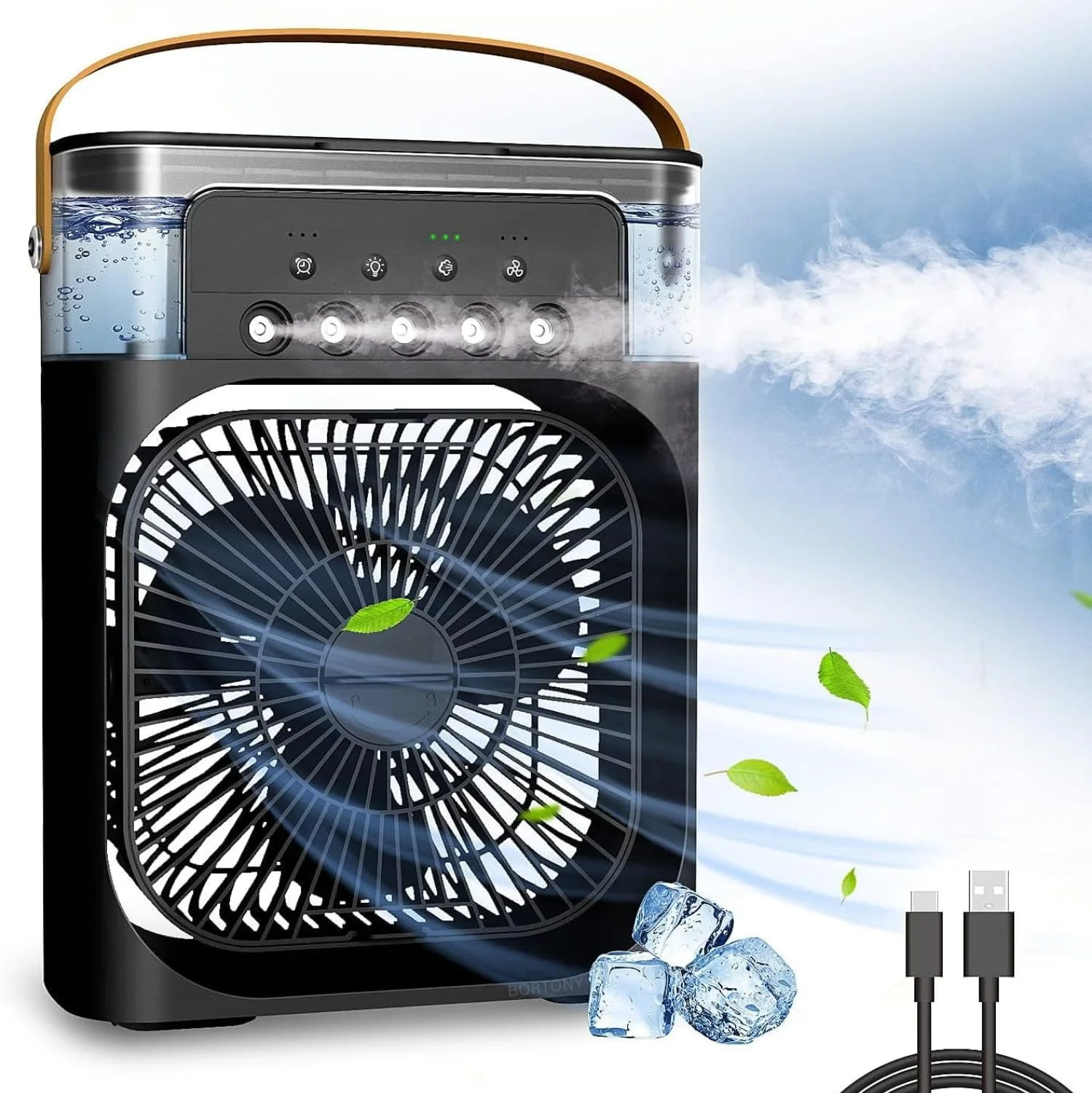 فن تهویه مطبوع قابل حمل BORTONY، کولر گازی شخصی بی صدا و قابل حمل با نور LED 7 رنگ، فن خنک کننده رومیزی کوچک با USB، 3 سرعت باد، 3 حالت اسپری (مشکی)