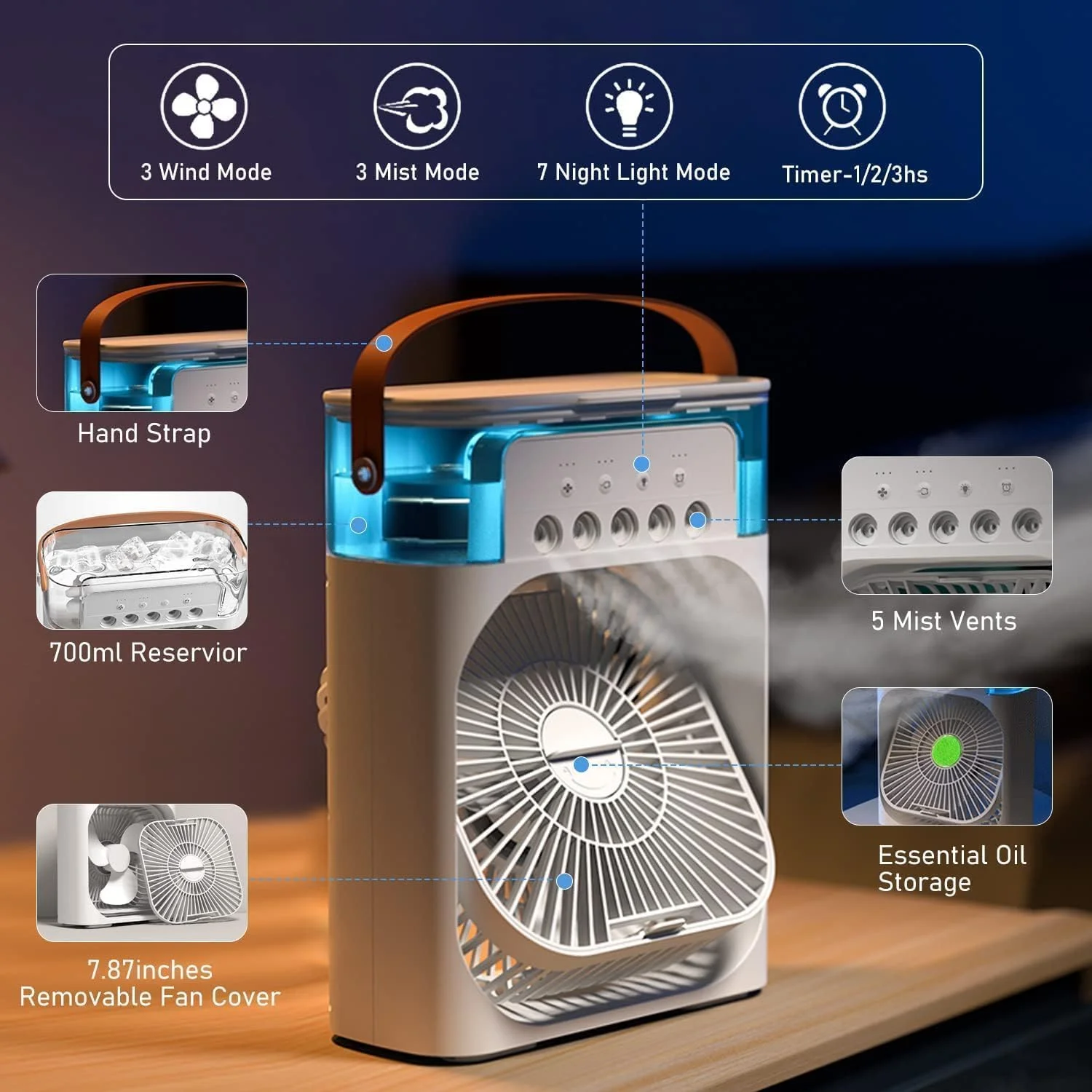 کولر گازی قابل حمل، کولر تبخیری مینی 700 میلی لیتری، کولر شخصی USB با 7 چراغ LED، فن خنک کننده AC برای اتاق کار، خانه و ماشین