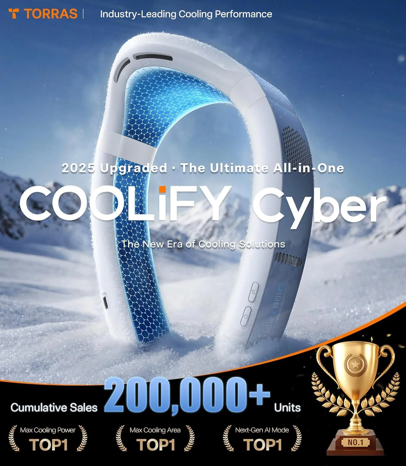 کولر گردنی TORRAS 2025 مدل Coolify Cyber، فن خنک کننده شخصی قابل حمل با قابلیت وزش باد سرد【بهترین باد خنک دوگانه و خنک کننده فراگیر 720 درجه】قابل شارژ برای فضای باز/داخلی. هدیه ای برای پدر