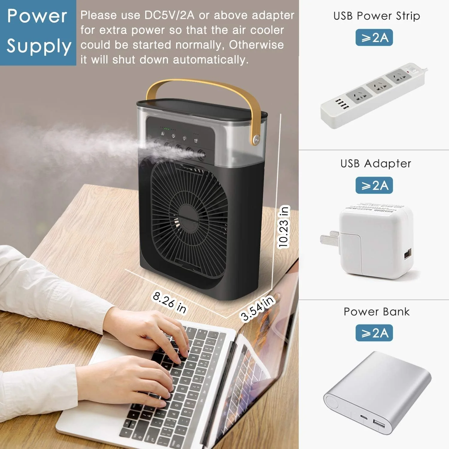 فن تهویه مطبوع قابل حمل BORTONY، کولر گازی شخصی بی صدا و قابل حمل با نور LED 7 رنگ، فن خنک کننده رومیزی کوچک با USB، 3 سرعت باد، 3 حالت اسپری (مشکی)