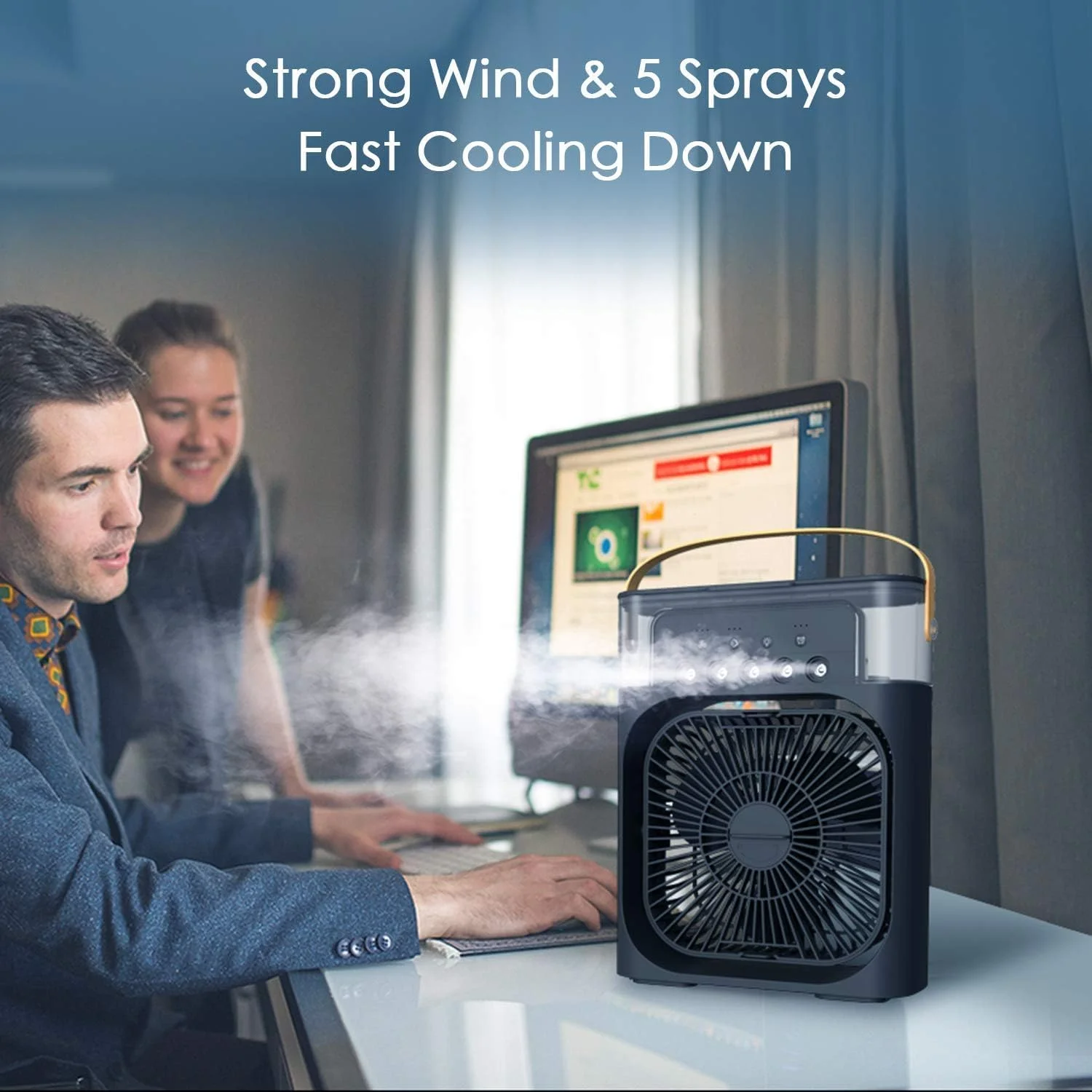 فن تهویه مطبوع قابل حمل BORTONY، کولر گازی شخصی بی صدا و قابل حمل با نور LED 7 رنگ، فن خنک کننده رومیزی کوچک با USB، 3 سرعت باد، 3 حالت اسپری (مشکی)