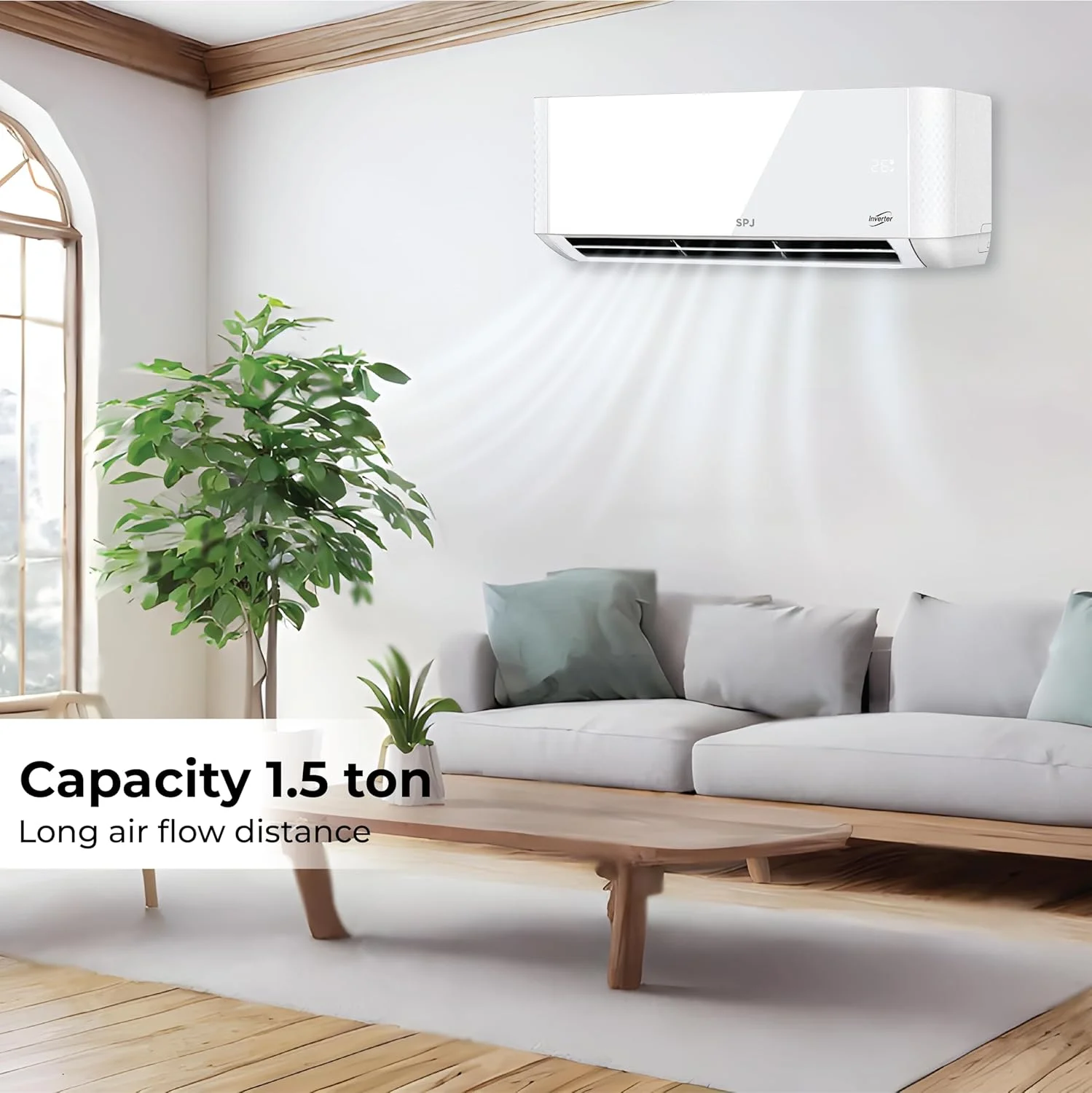کولر گازی اسپلیت 1.5 تن SPJ، کولر اینورتر 18000 BTU، کویل 100% مس، کمپرسور اینورتر DC T3، مبرد سازگار با محیط زیست، حالت خواب، ایمنی پیشرفته، صرفه جویی در انرژی، سفید، 1 سال گارانتی