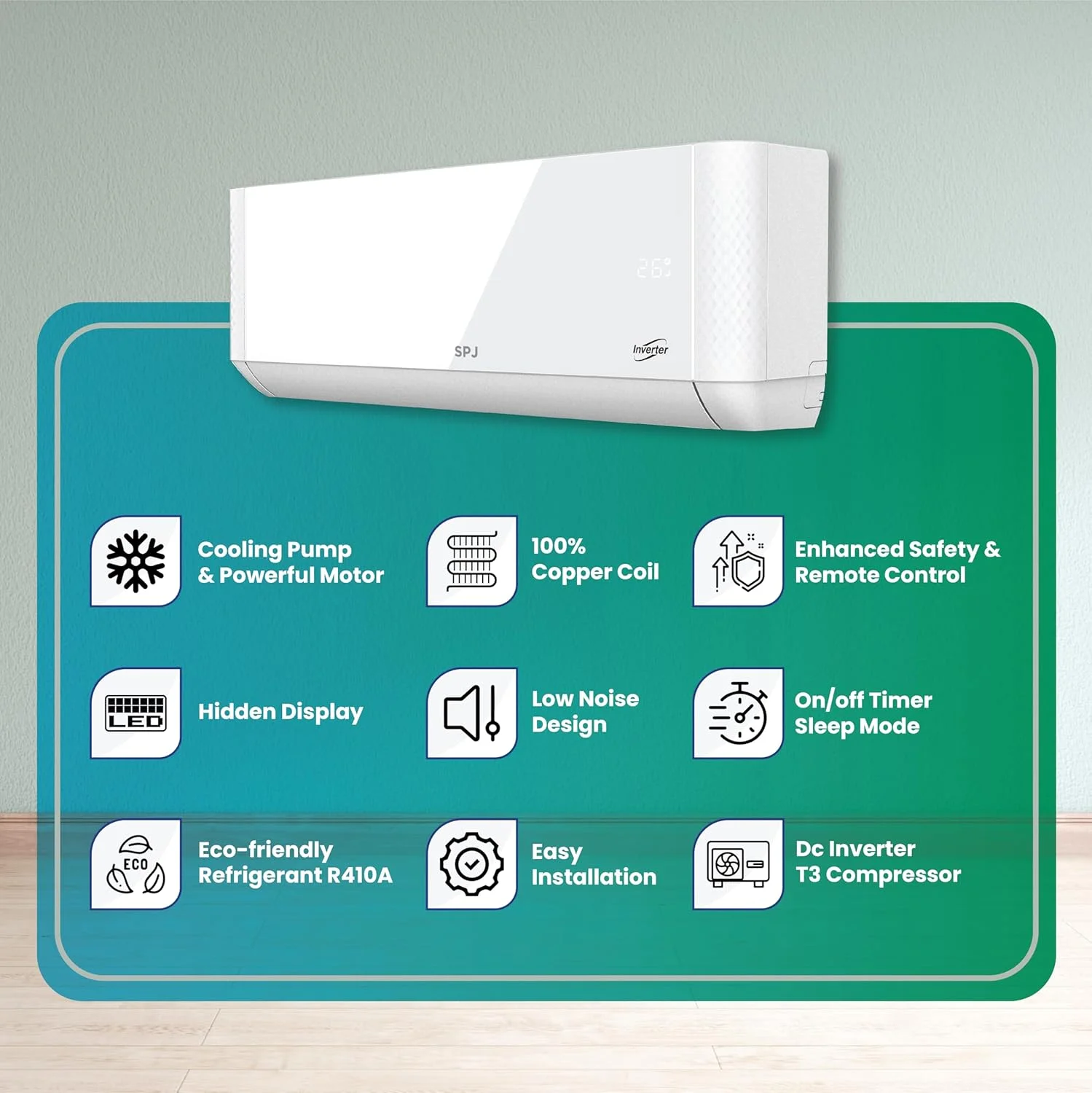 کولر گازی اسپلیت 1.5 تن SPJ، کولر اینورتر 18000 BTU، کویل 100% مس، کمپرسور اینورتر DC T3، مبرد سازگار با محیط زیست، حالت خواب، ایمنی پیشرفته، صرفه جویی در انرژی، سفید، 1 سال گارانتی