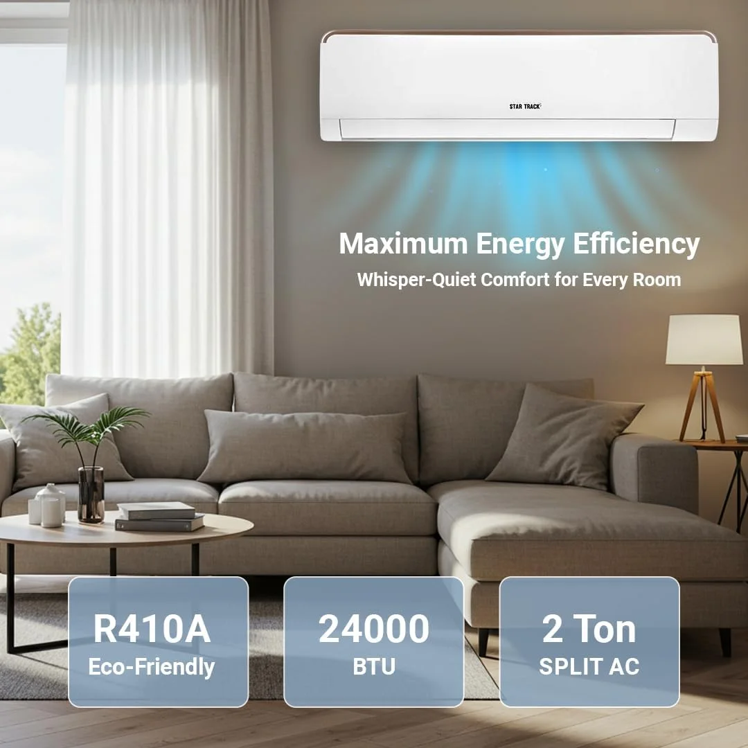 کولر گازی دیواری اسپلیت 2 تنی استار ترک با رده انرژی کارآمد، 24000 BTU، سرمایش فوق العاده، جریان هوای 4 طرفه، تخلیه دوگانه، راه اندازی مجدد خودکار، کمپرسور پیستونی