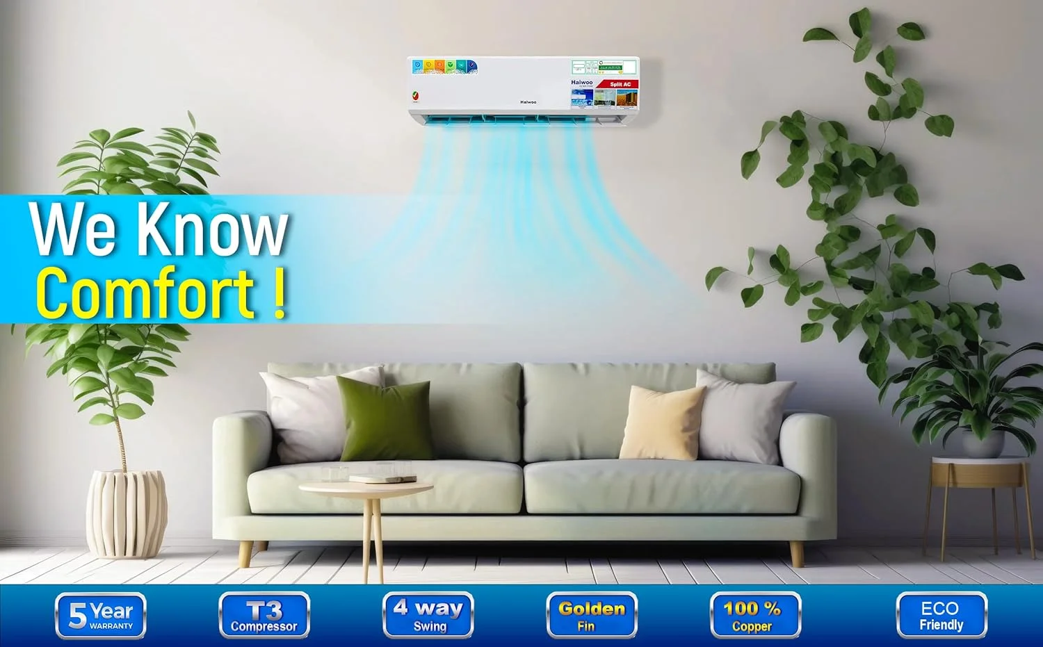 کولر گازی هایوو 2 تن ظرفیت 24000 BTU، کمپرسور گرمسیری T3 با راندمان بالا، پره طلایی، مدل HSAC-124K-RT سفید