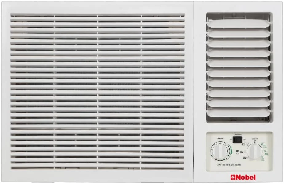 کولر گازی پنجره ای نوبل 24000 BTU/h سرمایشی، جریان هوای 4 طرفه، راه اندازی مجدد خودکار، شرایط آب و هوایی T3 مدل NWAC24C1 سفید
