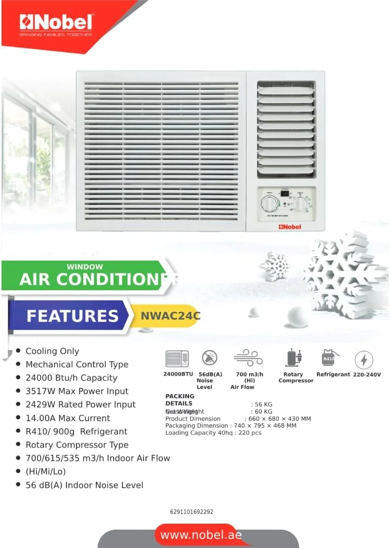 کولر گازی پنجره ای نوبل 24000 BTU/h سرمایشی، جریان هوای 4 طرفه، راه اندازی مجدد خودکار، شرایط آب و هوایی T3 مدل NWAC24C1 سفید