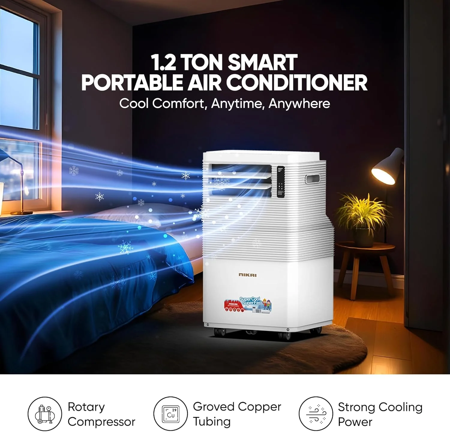 کولر گازی پرتابل نیکای 1.2 تن 12000 BTU با کنترل از راه دور، نمایشگر دیجیتال، 3 سرعت فن، صدای کم، سرمایش قدرتمند با گاز R410، کمپرسور روتاری، بهترین برای خانه و محل کار - NPAC15512A5