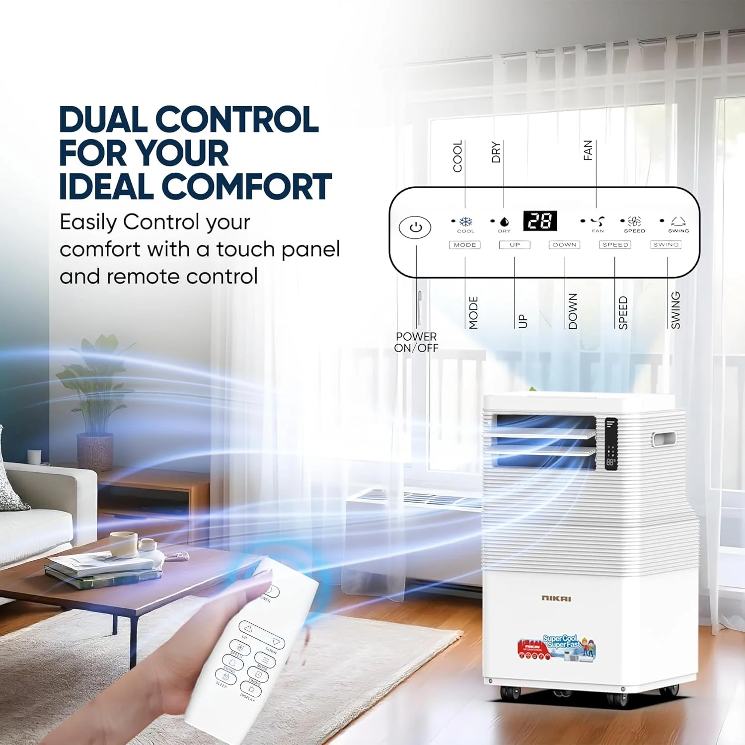 کولر گازی پرتابل نیکای 1.2 تن 12000 BTU با کنترل از راه دور، نمایشگر دیجیتال، 3 سرعت فن، صدای کم، سرمایش قدرتمند با گاز R410، کمپرسور روتاری، بهترین برای خانه و محل کار - NPAC15512A5