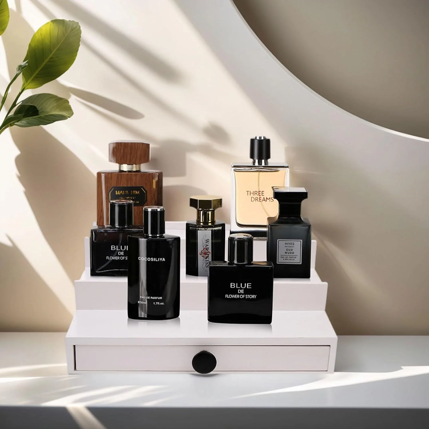 استند عطر مردانه چوبی سه طبقه Fengligoo با کشو و محفظه مخفی - قفسه نگهدارنده عطر برای میز آرایش