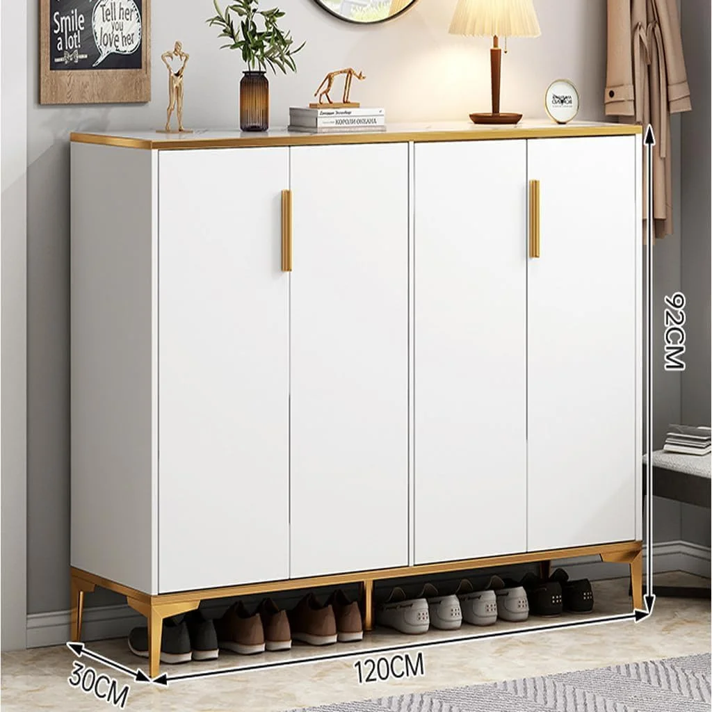 کابینت کفش چهار درب چند منظوره LEDIN، کابینت ذخیره سازی چوبی برای ورودی منزل، راهرو، اتاق نشیمن با قفسه طلایی - سفید
