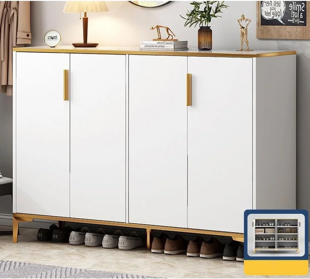 کابینت کفش چهار درب چند منظوره LEDIN، کابینت ذخیره سازی چوبی برای ورودی منزل، راهرو، اتاق نشیمن با قفسه طلایی - سفید