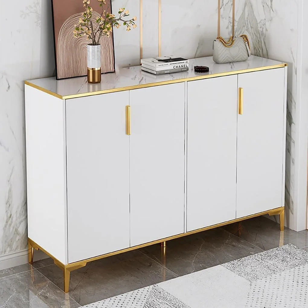کابینت کفش چهار درب چند منظوره LEDIN، کابینت ذخیره سازی چوبی برای ورودی منزل، راهرو، اتاق نشیمن با قفسه طلایی - سفید