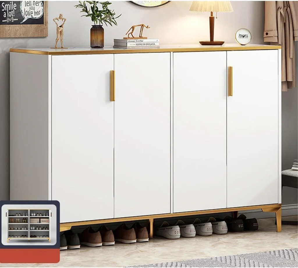 کابینت کفش چهار درب چند منظوره LEDIN، کابینت ذخیره سازی چوبی برای ورودی منزل، راهرو، اتاق نشیمن با قفسه طلایی - سفید