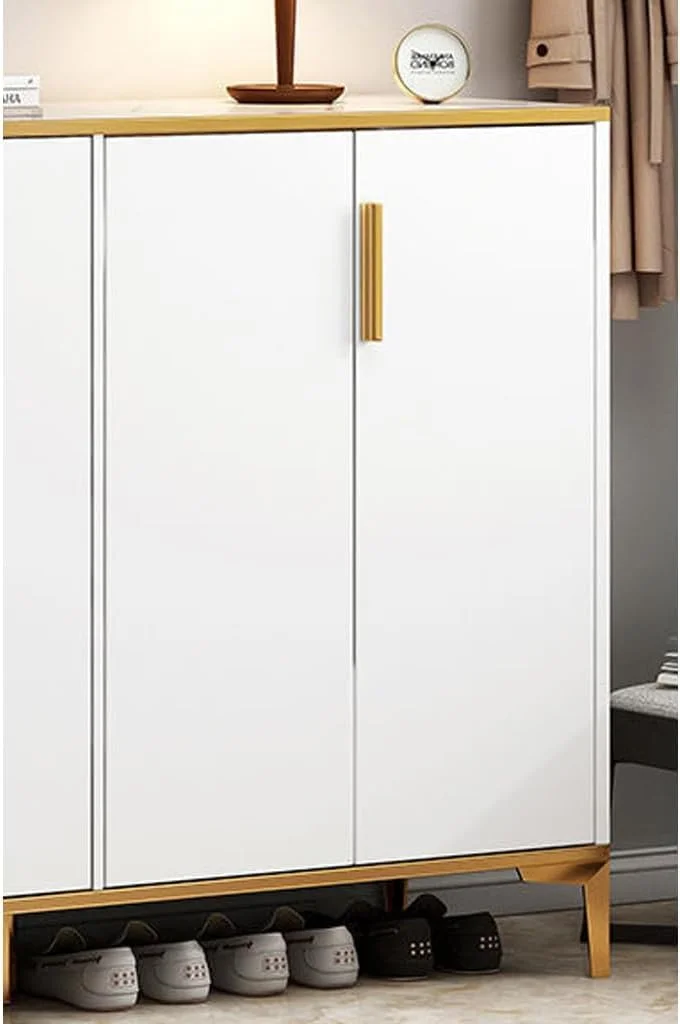 کابینت کفش چهار درب چند منظوره LEDIN، کابینت ذخیره سازی چوبی برای ورودی منزل، راهرو، اتاق نشیمن با قفسه طلایی - سفید