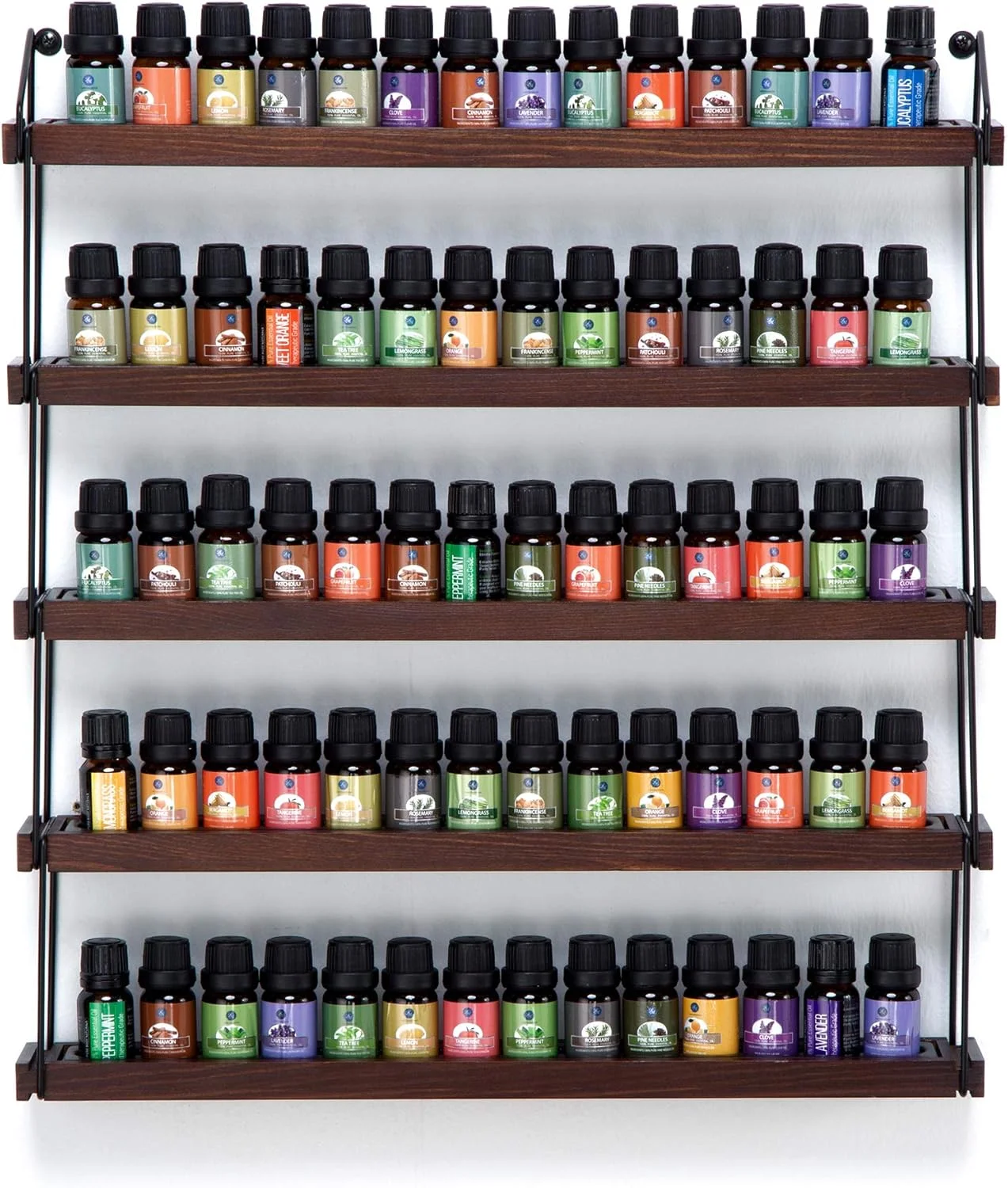 جک کیوب دیزاین، قفسه دیواری فلزی و چوبی مشکی برای نمایش و نگهداری روغن های اساسی، با ظرفیت 70 بطری (5 طبقه) مدل MK482A