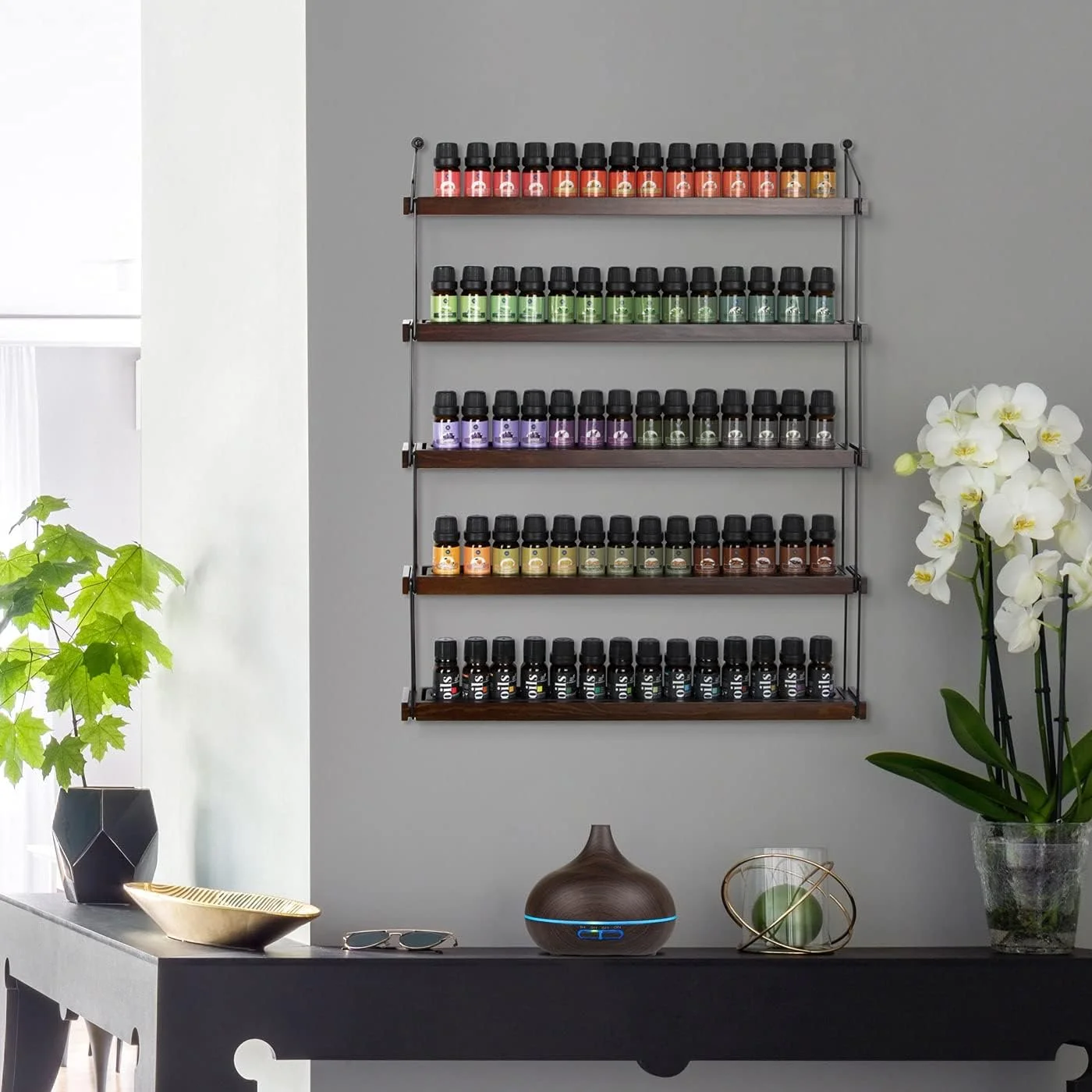 جک کیوب دیزاین، قفسه دیواری فلزی و چوبی مشکی برای نمایش و نگهداری روغن های اساسی، با ظرفیت 70 بطری (5 طبقه) مدل MK482A
