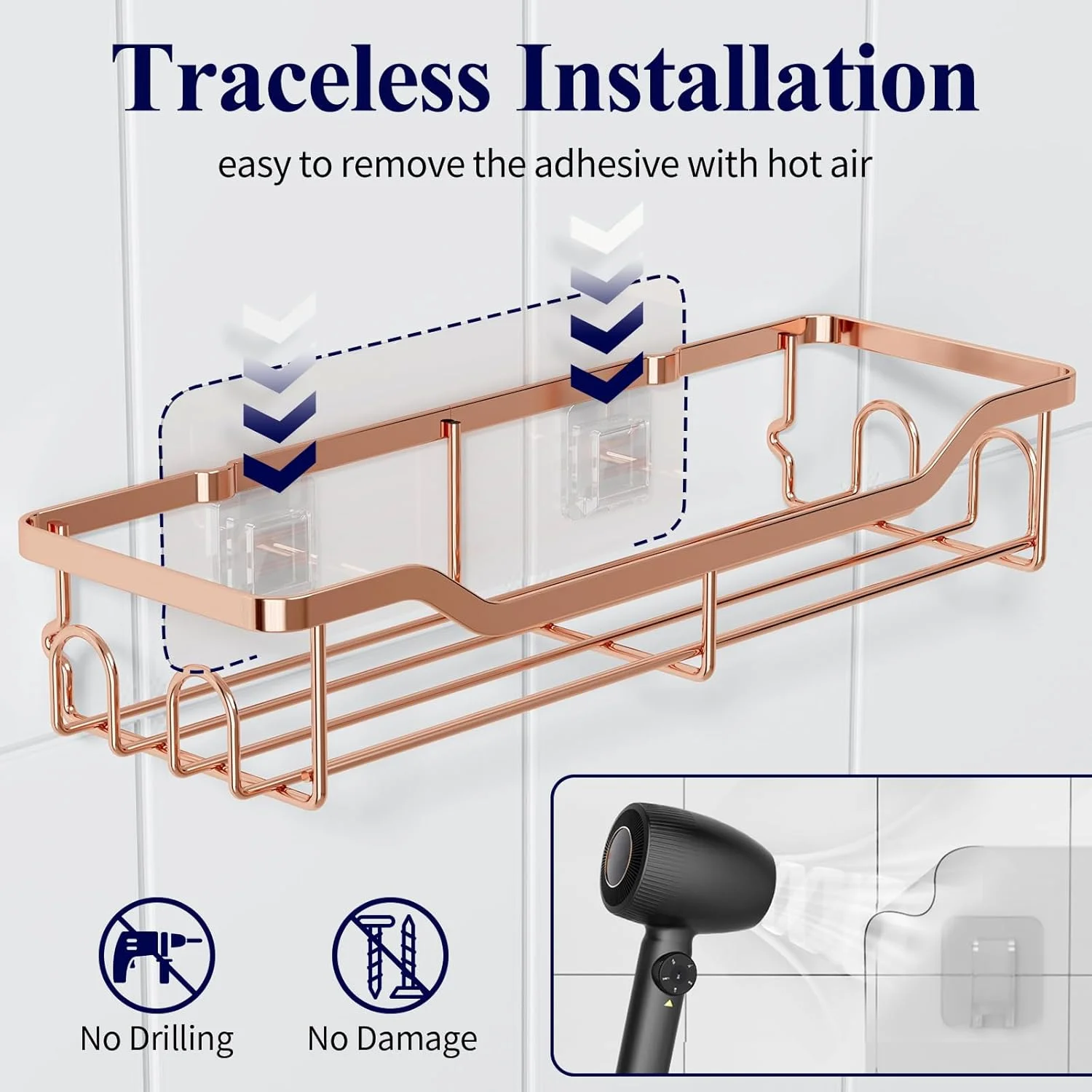 شلف حمام بزرگ Kitsure - سازمان دهنده چسبی دوش، قفسه دوش استیل ضد زنگ برای داخل حمام، سازمان دهنده و نگهدارنده حمام بدون نیاز به سوراخ کاری، لوازم جانبی دکوراسیون منزل، 2 عدد، رزگلد