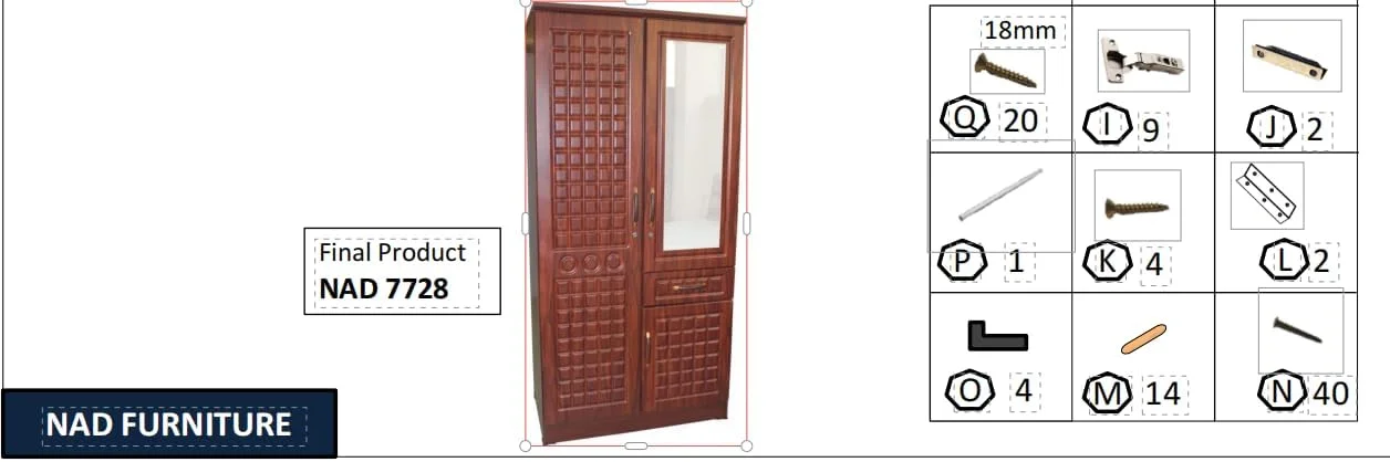 کمد لباس چوبی دو درب NAD Furniture LLC، دو درب قفل‌دار با آینه، یک طرف چهار قفسه و طرف دیگر یک قفسه بالای چوب لباسی و یک کشو، رنگ سفید.