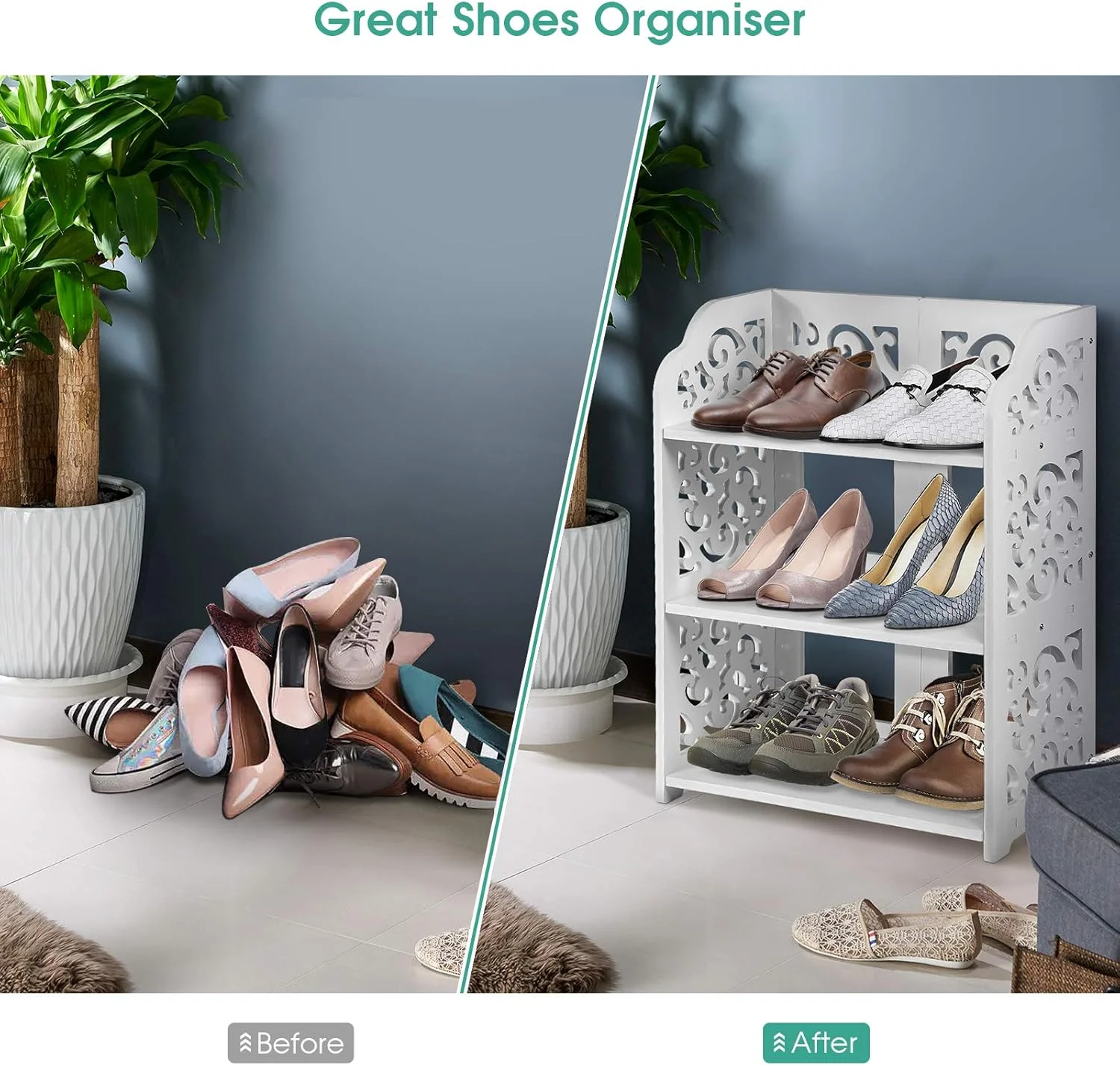 جاکفشی Greensen سفید رنگ، ایستاده، 3 طبقه، قفسه حمام، کابینت کفش حکاکی شده مدرن، قفسه ذخیره سازی، واحد قفسه سازمان دهنده برای راهرو ورودی، حمام، اتاق نشیمن، 40x23x51 سانتی متر