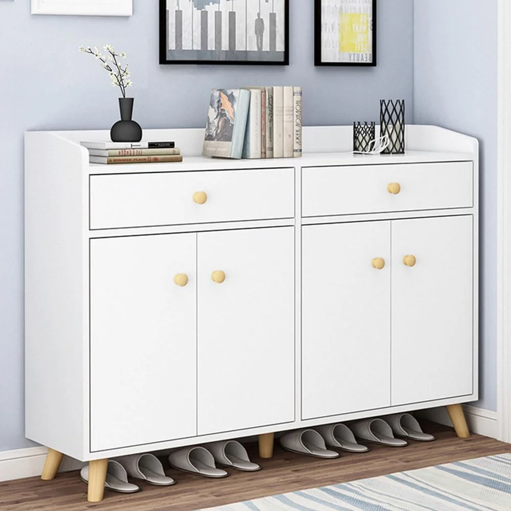 کابینت جاکفشی IEW با 2 کشو، 4 درب و پایه های چوبی برای ورودی اتاق نشیمن، کابینت بزرگ 120 سانتی متری با 3 طبقه قفسه برای راهروی خانه، قفسه کفش مستقل، سازمان دهنده لوازم خانگی سفید