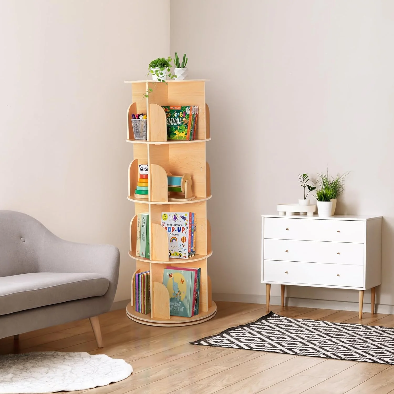 قفسه کتاب گردان OOOK برای کودکان و بزرگسالان، برج قفسه کتاب چرخشی با ظرفیت بزرگ برای فضای کوچک، قفسه گوشه گرد کوچک 4 طبقه با قابلیت چرخش 360 درجه برای کتابخانه، اتاق خواب، اتاق نشیمن، دفتر کار