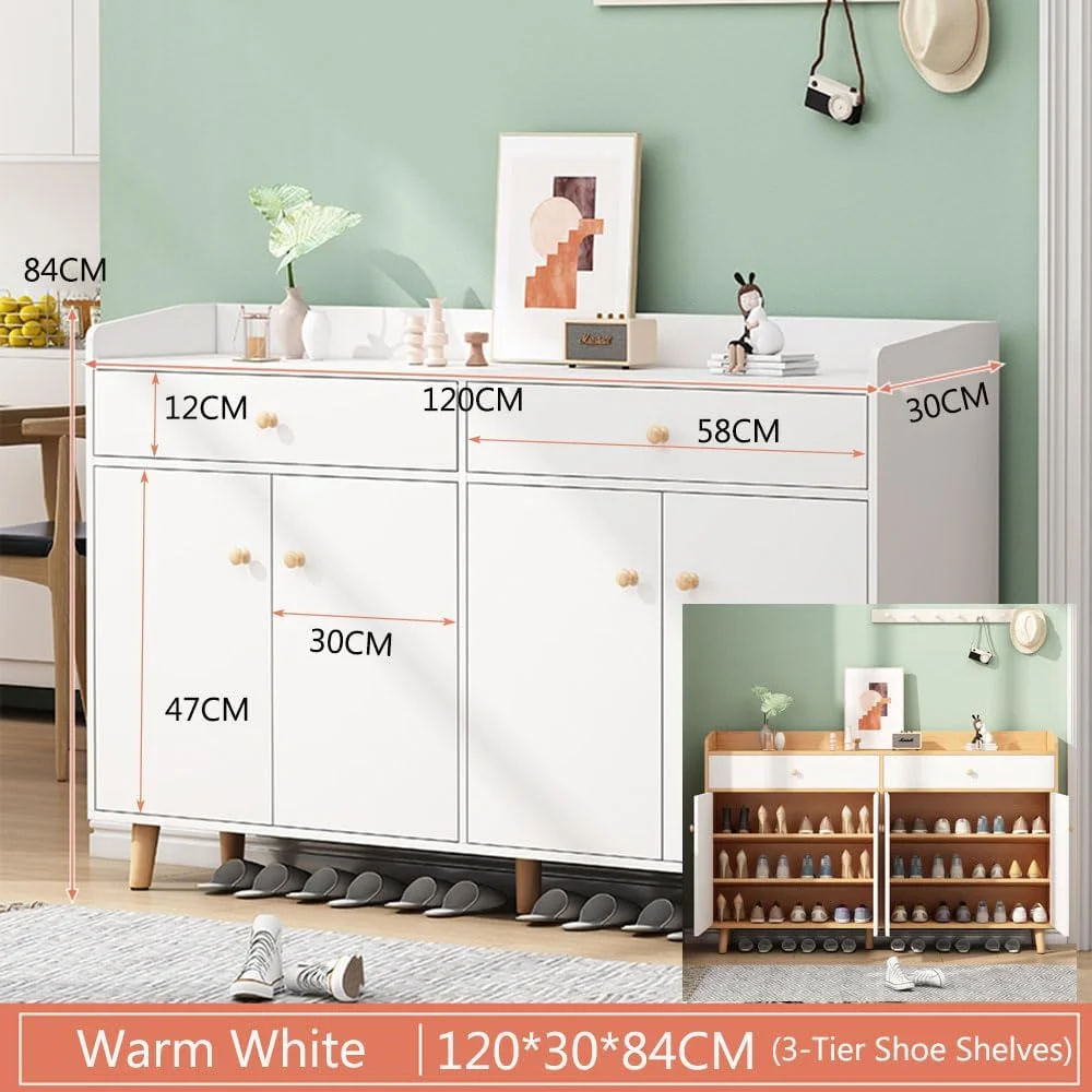 کابینت جاکفشی IEW با 2 کشو، 4 درب و پایه های چوبی برای ورودی اتاق نشیمن، کابینت بزرگ 120 سانتی متری با 3 طبقه قفسه برای راهروی خانه، قفسه کفش مستقل، سازمان دهنده لوازم خانگی سفید