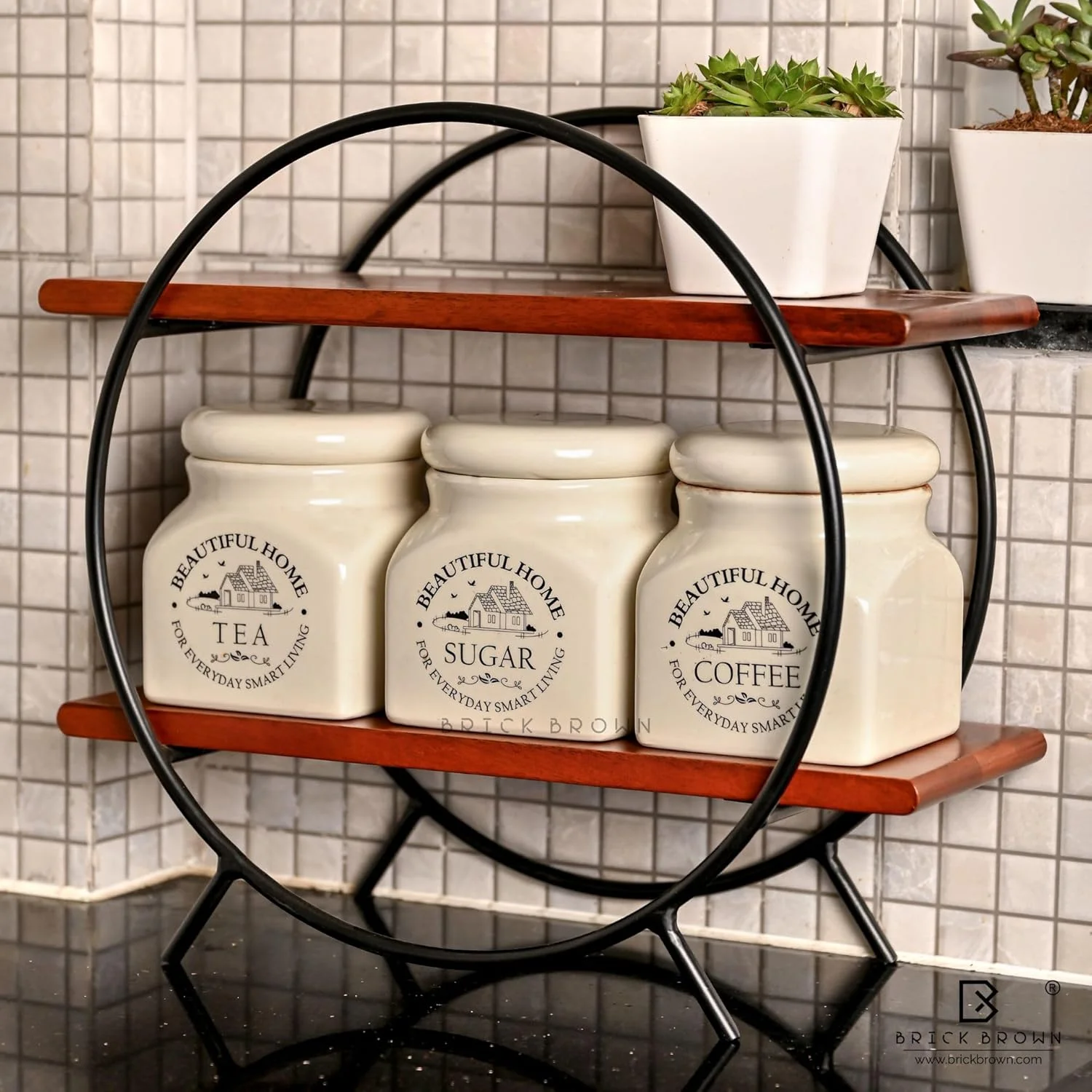 BRICK BROWN ® قفسه گردان آشپزخانه پریمیوم / قفسه نگهداری آشپزخانه / قفسه ادویه / قفسه چوبی با روکش ماهون (خود مونتاژ) (15X16X7 اینچ)
