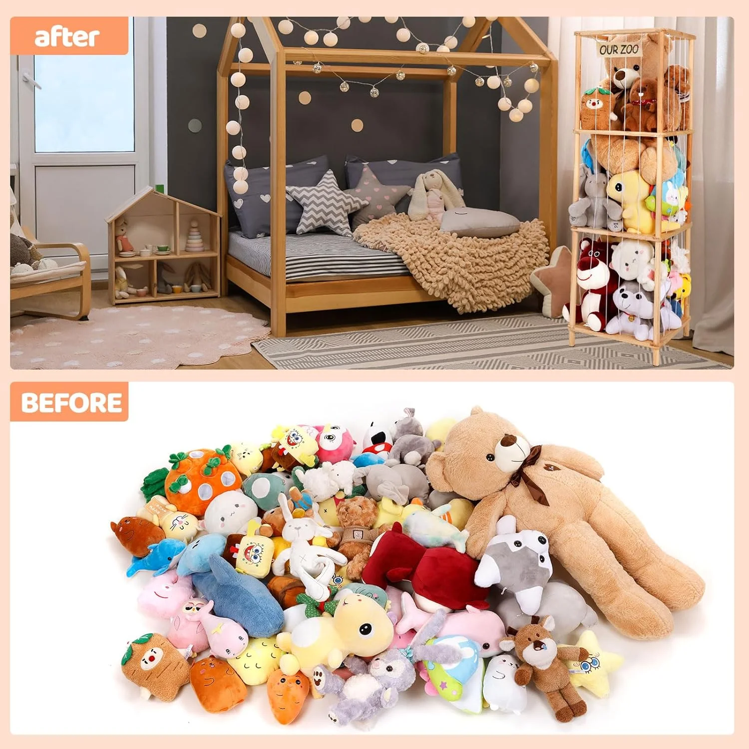 نگهدارنده بزرگ چوبی حیوانات عروسکی ACEPRUT به طول 52.3 اینچ، قفسه گوشه ای باغ وحش حیوانات عروسکی برای اتاق کودک، اتاق بازی و اتاق خواب، ظرفیت 50 عروسک