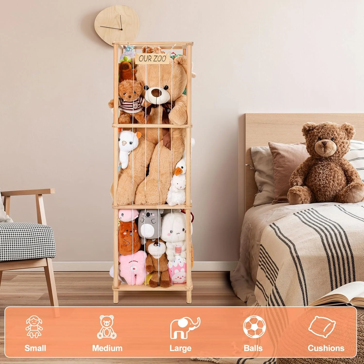 نگهدارنده بزرگ چوبی حیوانات عروسکی ACEPRUT به طول 52.3 اینچ، قفسه گوشه ای باغ وحش حیوانات عروسکی برای اتاق کودک، اتاق بازی و اتاق خواب، ظرفیت 50 عروسک