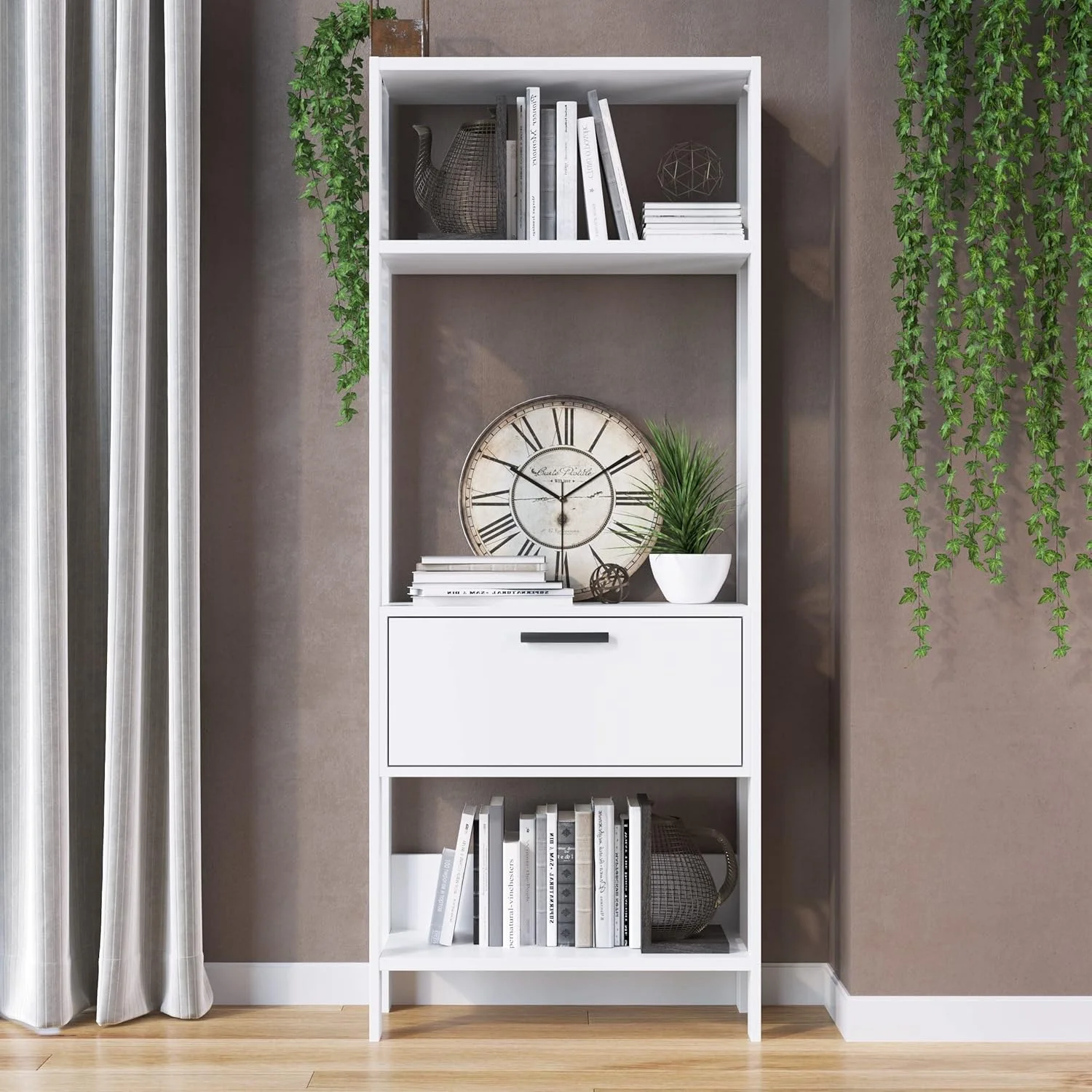 کتابخانه دانوب هوم مدل آگرون با یک درب کابینت، 4 طبقه، طراحی مدرن، سازمان دهنده کتاب چوبی، کمد L 73 X W 30 X H 185 سانتی متر، سفید