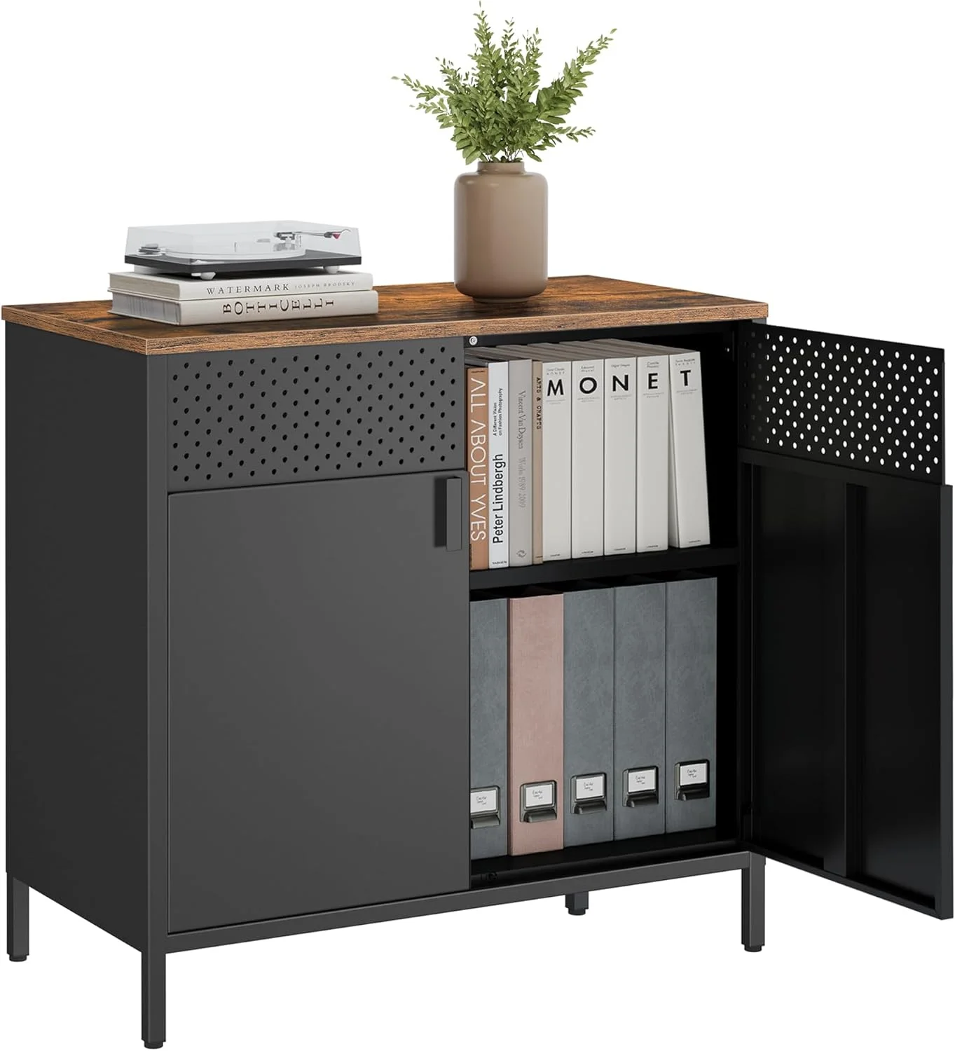 کابینت ذخیره سازی SONGMICS، کابینت فلزی، بوفه با 2 درب، 40x80x76 سانتی متر، بسته شدن مغناطیسی، قفسه قابل تنظیم، قاب فولادی، قهوه ای روستایی و مشکی ULSC102B01