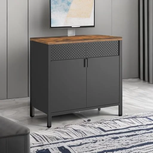کابینت ذخیره سازی SONGMICS، کابینت فلزی، بوفه با 2 درب، 40x80x76 سانتی متر، بسته شدن مغناطیسی، قفسه قابل تنظیم، قاب فولادی، قهوه ای روستایی و مشکی ULSC102B01