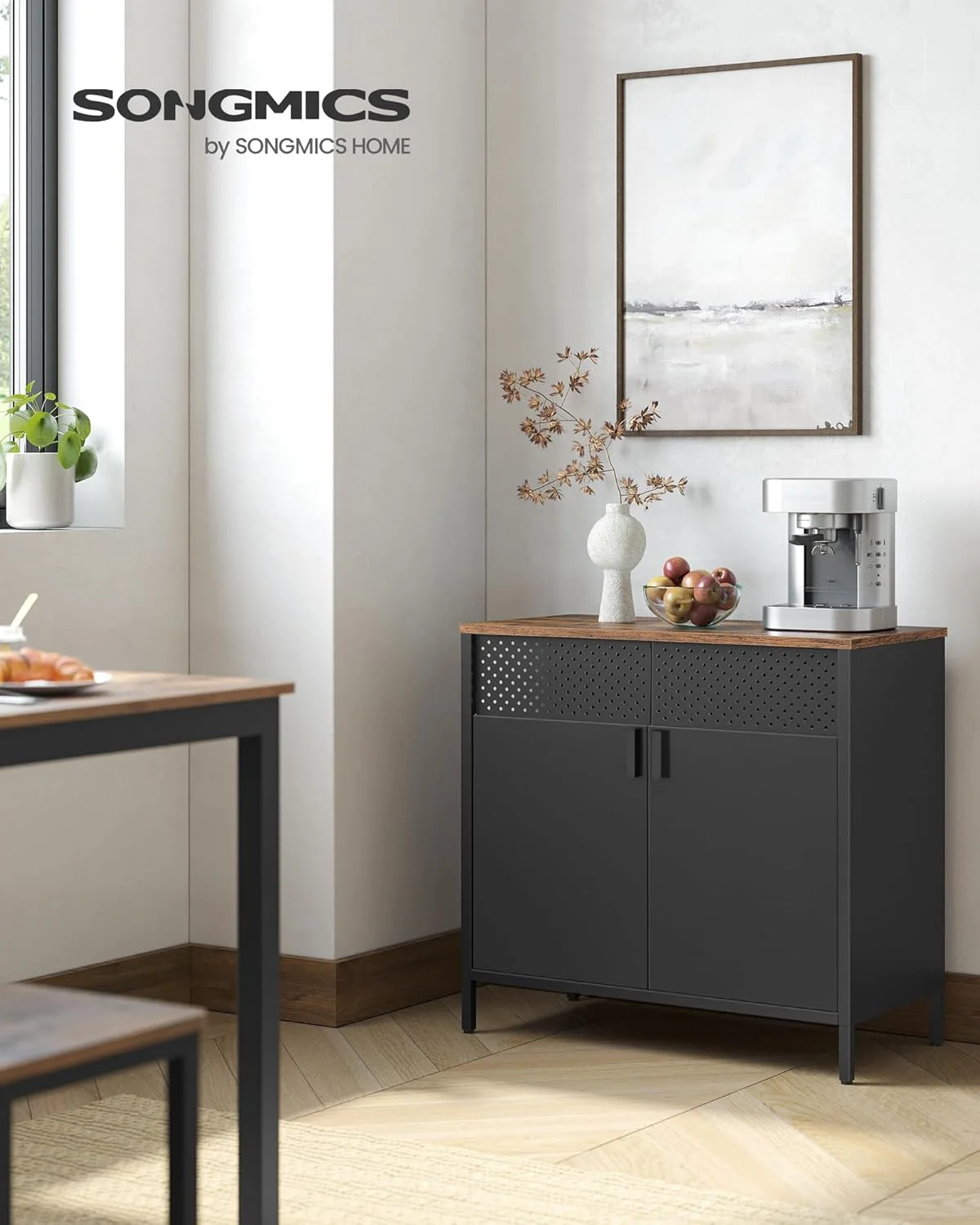 کابینت ذخیره سازی SONGMICS، کابینت فلزی، بوفه با 2 درب، 40x80x76 سانتی متر، بسته شدن مغناطیسی، قفسه قابل تنظیم، قاب فولادی، قهوه ای روستایی و مشکی ULSC102B01